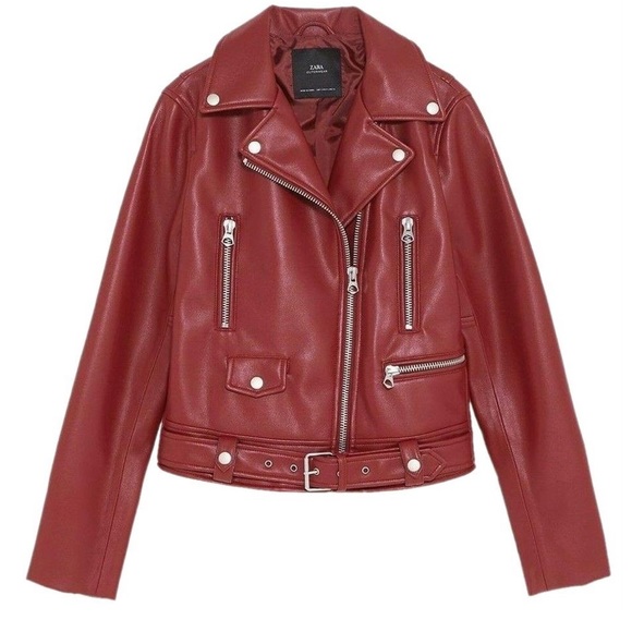 Zara red leather biker jacket - Picture 2 of 3